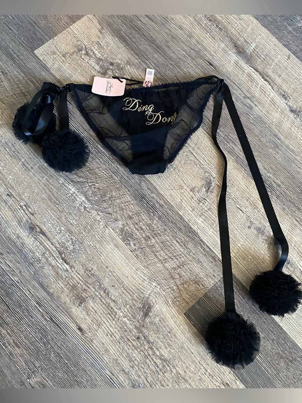 Agent Provocateur Black Noir Ding Dong Embroidered Pom Pom Underwear NWT S/M
